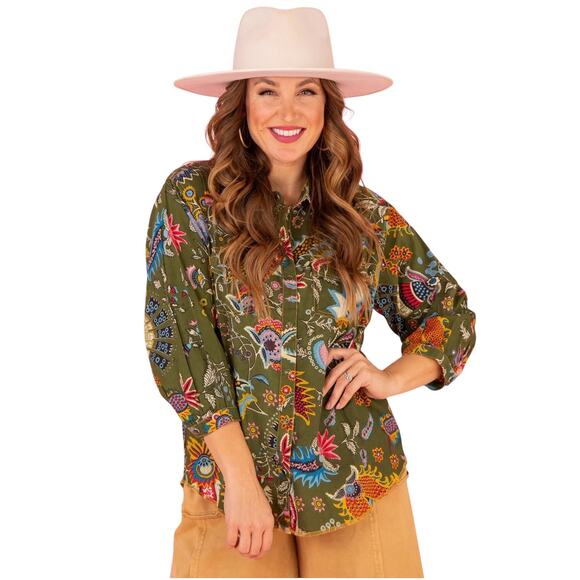 Ivy Jane Perfect Bliss Blouse Pearl Snap Top Women's Large Floral Green Western - Picture 1 of 14